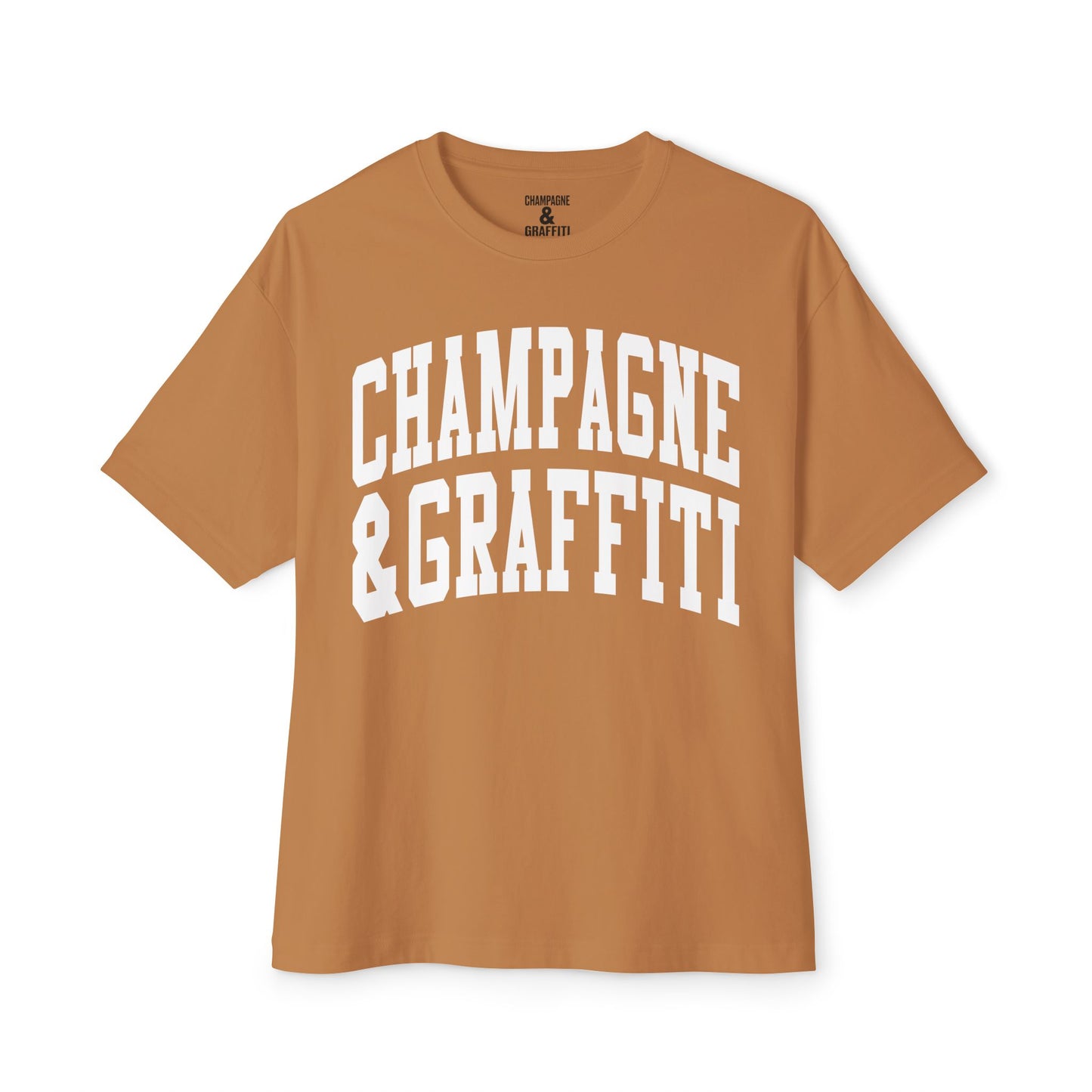 the CHAMPAGNE & GRAFFITI "NO COLLEGE" Essential Oversized tee