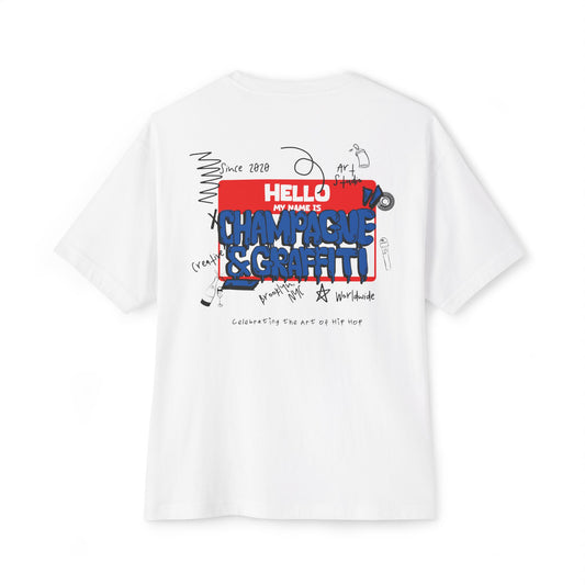 the Champagne & Graffiti "HELLO NAME TAG" Oversized tee