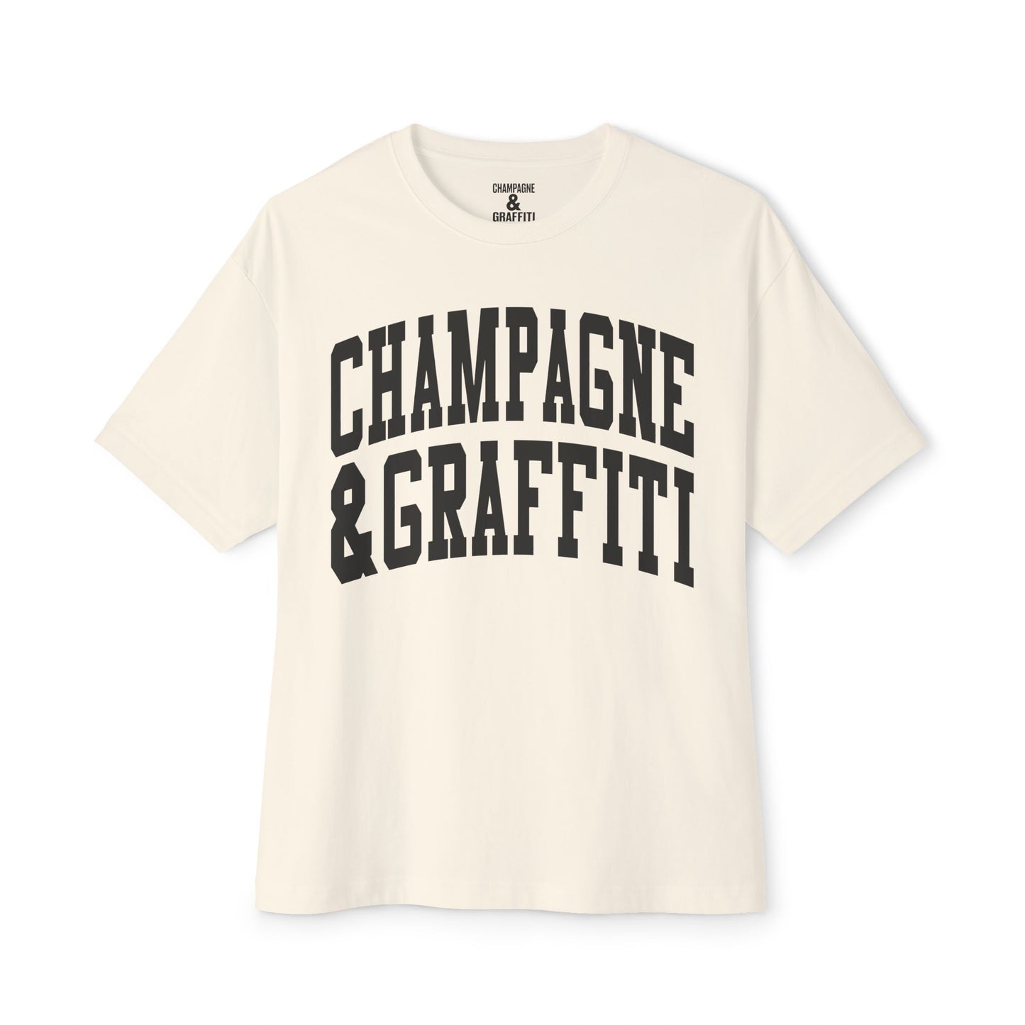 the CHAMPAGNE & GRAFFITI "NO COLLEGE" Essential Oversized tee