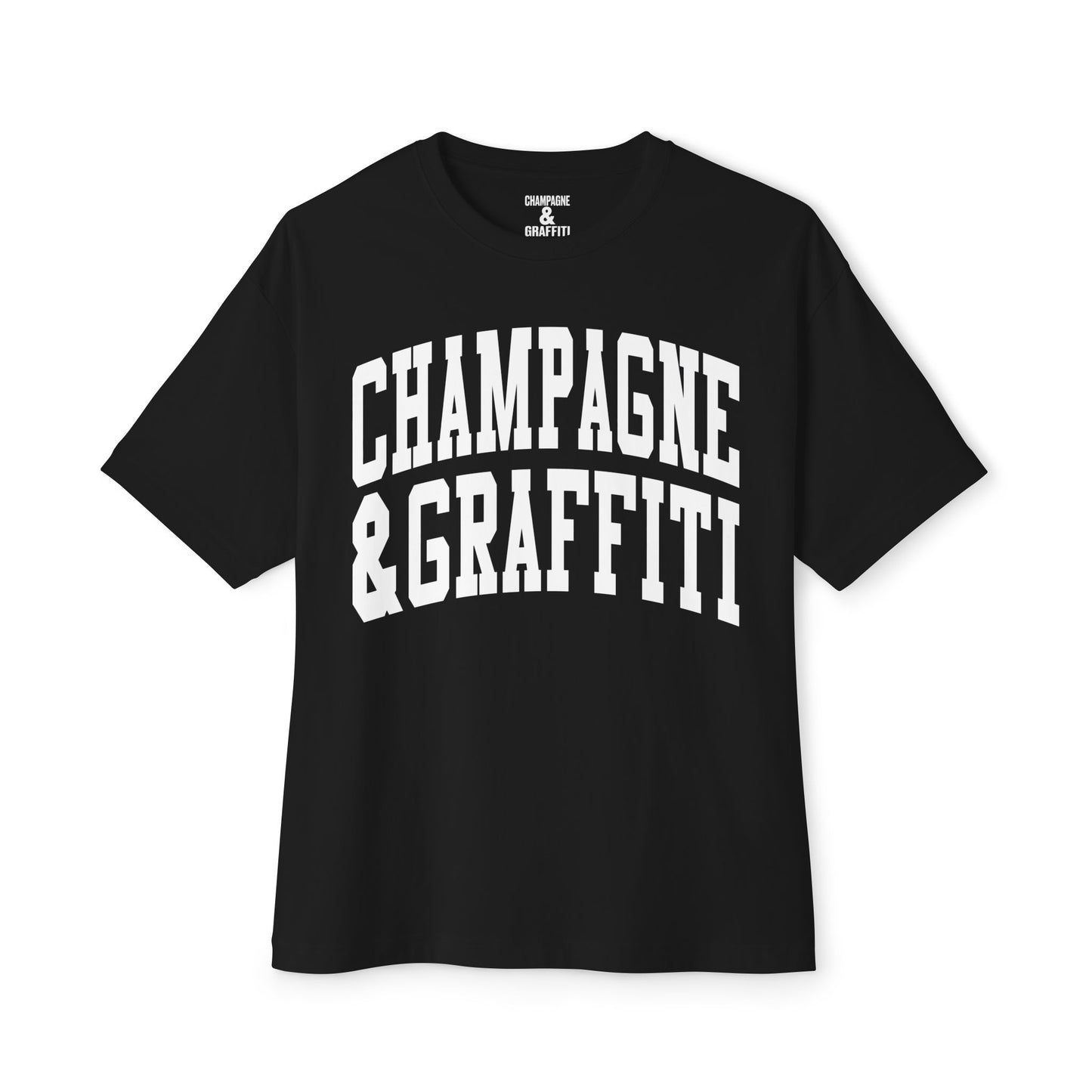 the CHAMPAGNE & GRAFFITI "NO COLLEGE" Essential Oversized tee